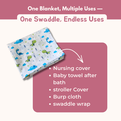 Dino & strawberry Dreamland 100% GOTS Certified | Double Layer Muslin Swaddle (75 x 75 cm, Pack of 2)