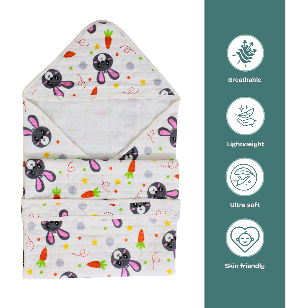 Bunny & Carrot Print – Muslin Quilted Hooded Blanket with Belt | 85 x 85 cm | Pack of 1