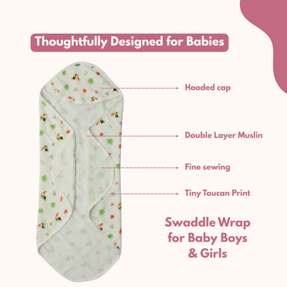 Muslin Hooded Blanket for Newborn Baby (Bird print, 75 x 75 cm, pack of 1)