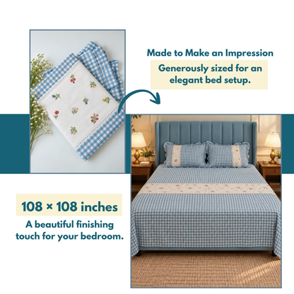 Sky Blue Pure Cotton Floral Embroidered Bedspread with Lace Border – 108 × 108 Inches