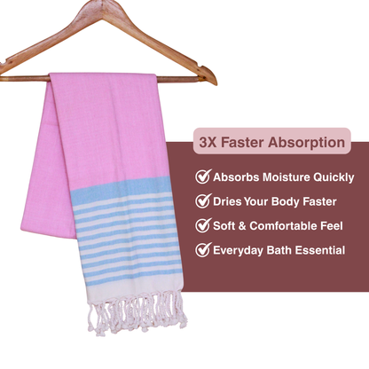 Premium Cotton Bath Towel 150 x 75 cm | Pack of 1 (Pink with Sky Blue Striped Border)