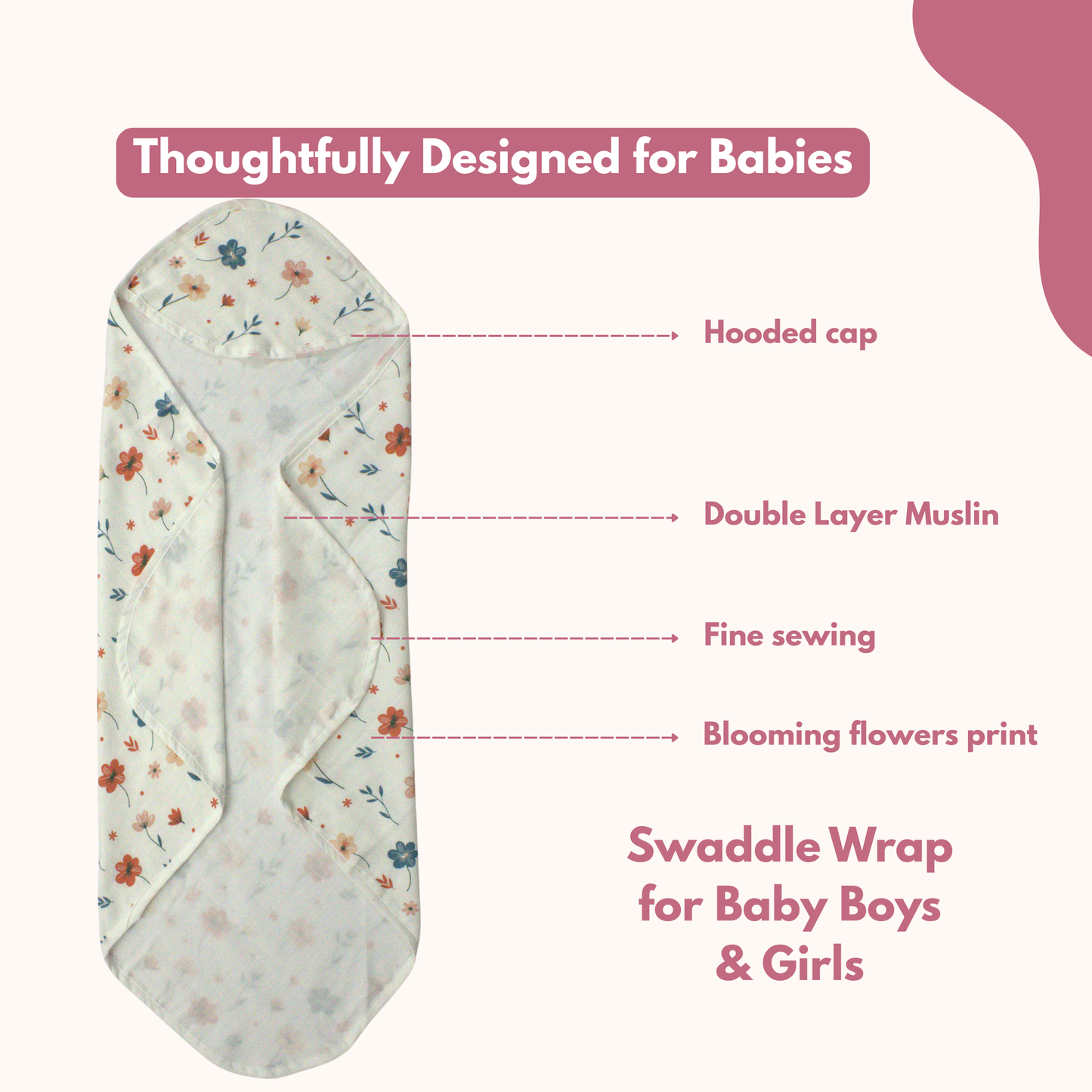 Muslin Hooded Blanket for Newborn Baby (floral print, 75 x 75 cm, pack of 1)