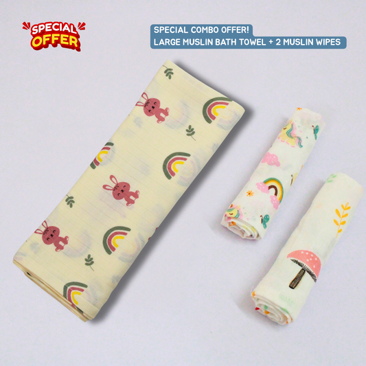 Rainbow Bunny Baby Muslin Towel Set (145 x 70 cm) + 2 Wipes (10x10 inch)
