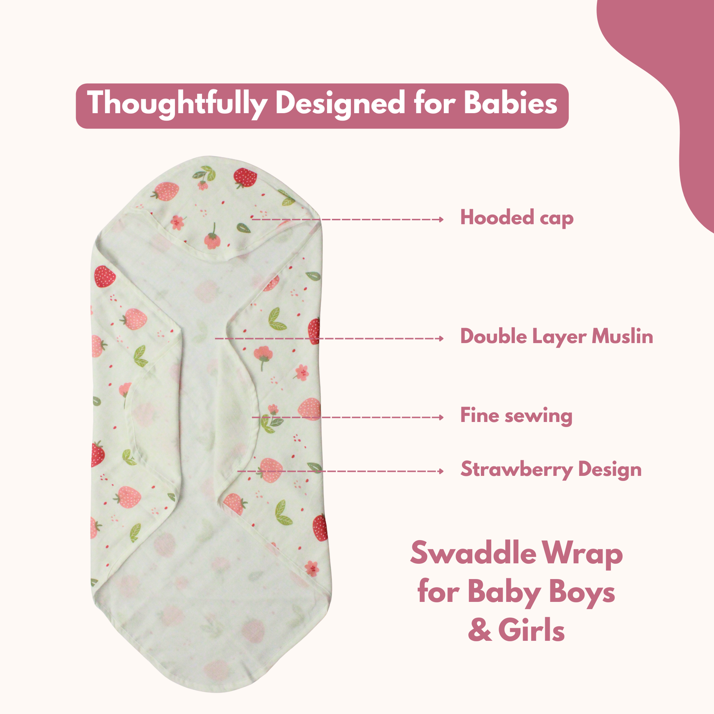 Muslin Hooded Blanket for Newborn Baby (strawberry print, 75 x 75 cm, pack of 1)