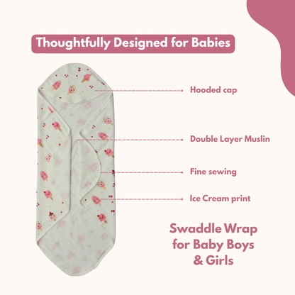 Muslin Hooded Blanket for Newborn Baby (ice cream print, 75 x 75 cm, pack of 1)