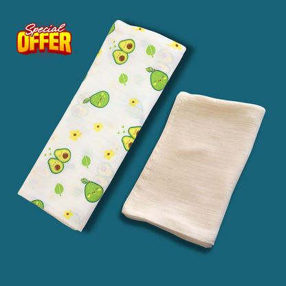 Happy Avocado Baby Muslin Printed & Solid Muslin Bath Towel Combo