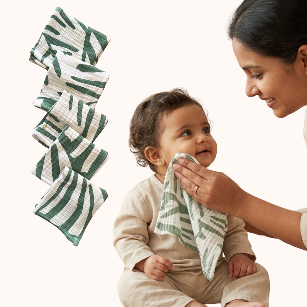 100% Muslin green leaf 4 Layer Crinkled Baby Wipes 10x10 Inch - Pack of 5