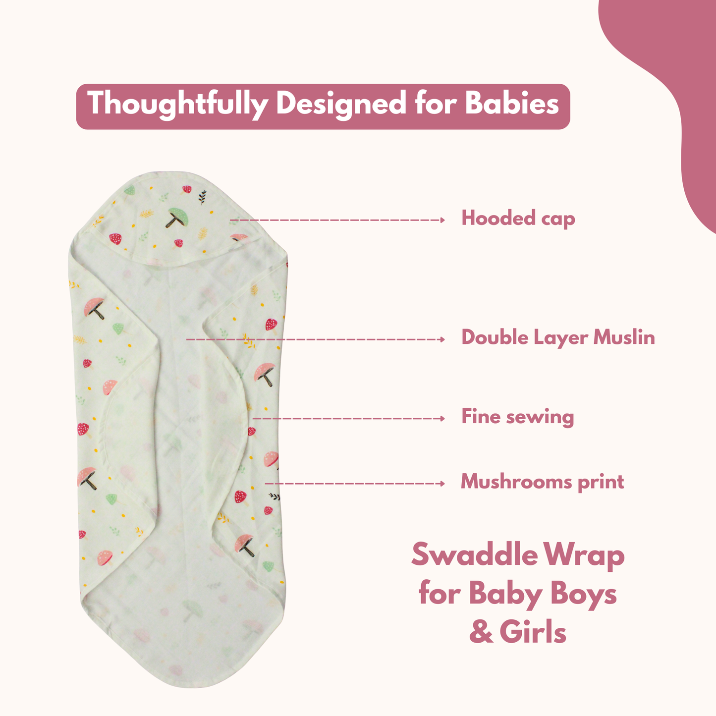 Muslin Hooded Blanket for Newborn Baby (Mushroom print, 75 x 75 cm, pack of 1)