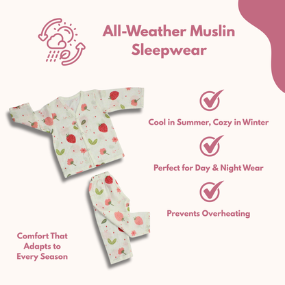 Organic Muslin Sleepsuit | Full Sleeve Top & Pant (Pack of 1, Strawberry Print)