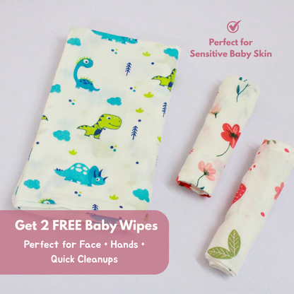 Little Dino World Baby Muslin Towel Set (120 x 100 cm) + 2 Free Wipes (10x10 inch)