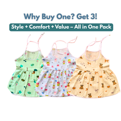 Muslin Cotton Baby Frocks | Pack of 3 | Ultra-Soft, knot-frocks