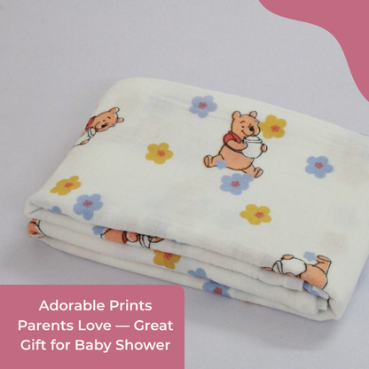 Muslin Swaddle Blanket for Newborn Baby (120 x 100 cm, Bear & floral printed , Pack of 1)
