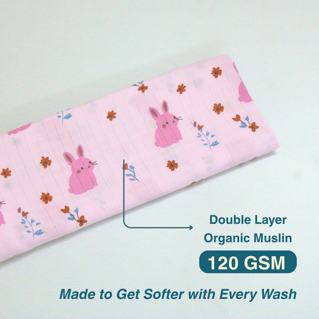 Blush Bunny 100% Organic Muslin Baby Bath Towel (100 × 70 cm)