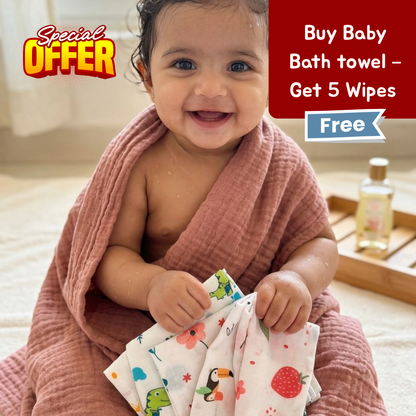 100% Organic Muslin mauve pink Baby Bath Towel (110 x 75 cm) + Get 5 Printed Muslin Wipes Free (12 x 12 Inches)
