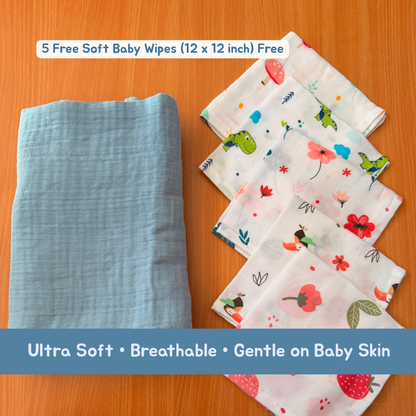 100% Organic Muslin Blue Baby Bath Towel (110 x 75 cm) + Get 5 Printed Muslin Wipes Free (12 x 12 Inches)