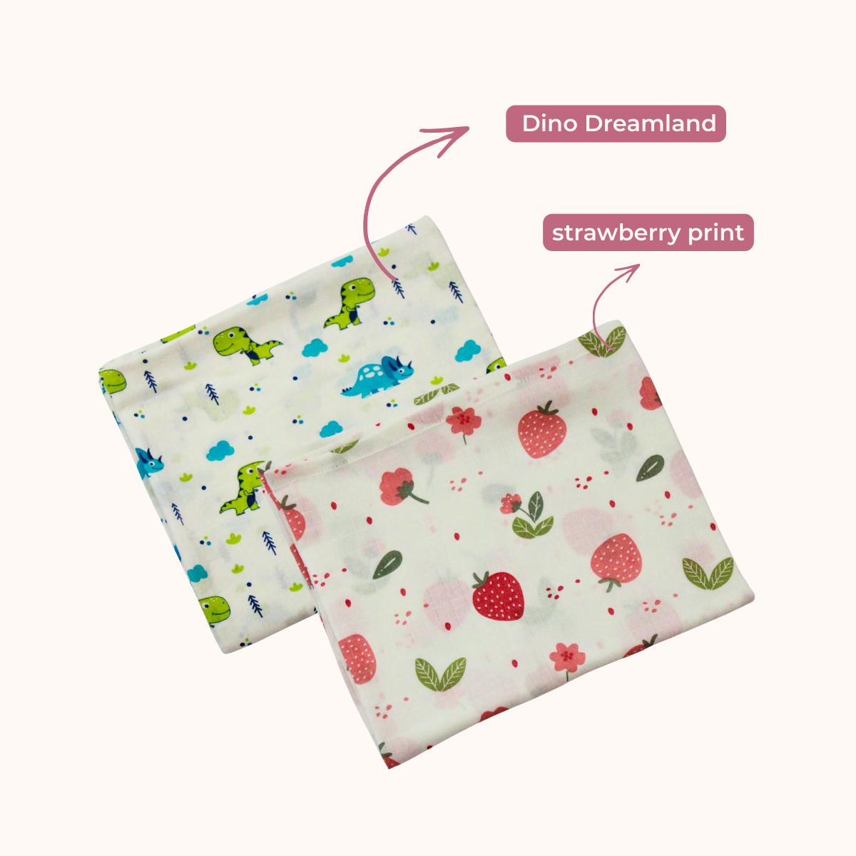 Dino & strawberry Dreamland 100% GOTS Certified | Double Layer Muslin Swaddle (75 x 75 cm, Pack of 2)