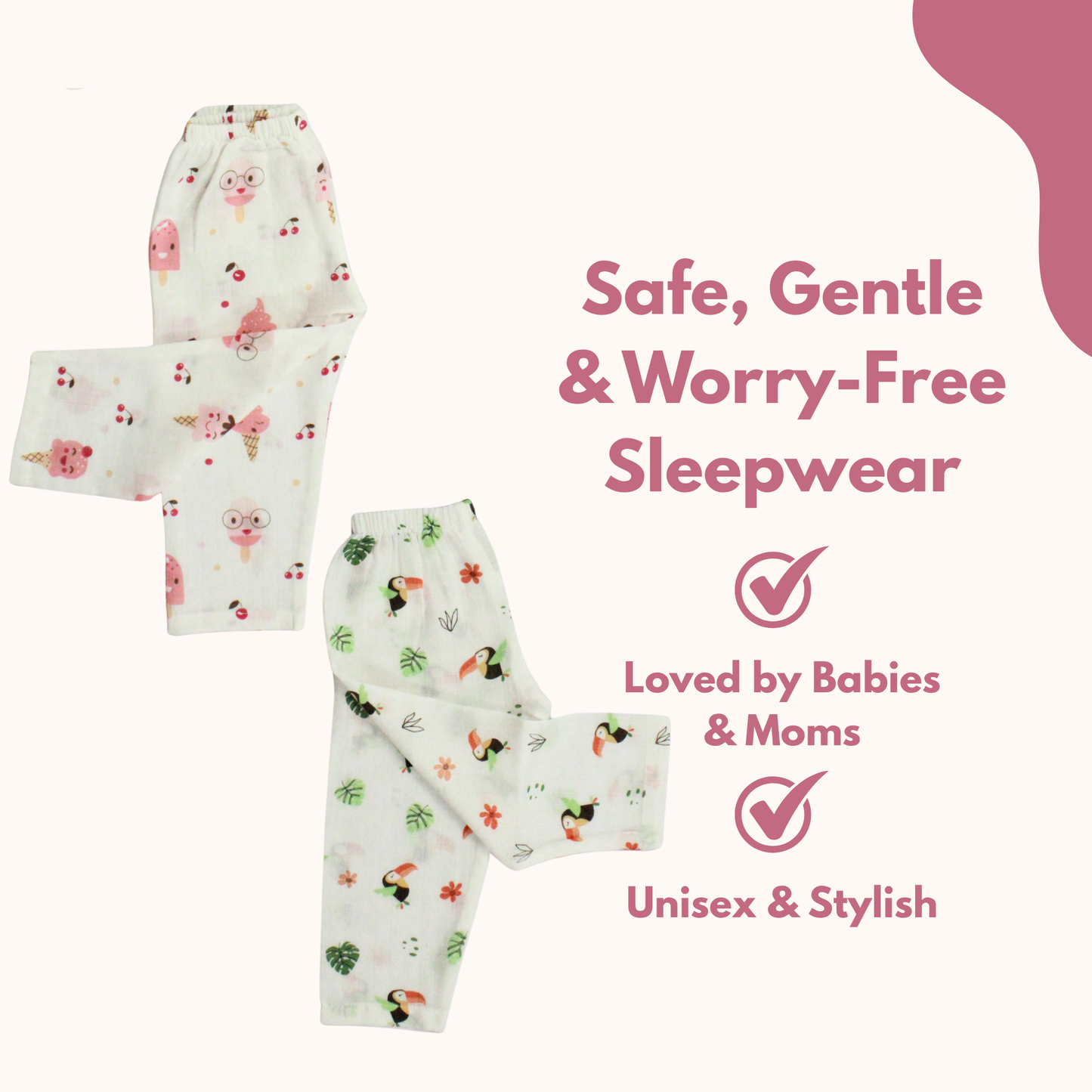 Organic Muslin Sleepsuit | Full Sleeve Top & Pant (Pack of 2, Fun icecream & Toucan Bird Print)