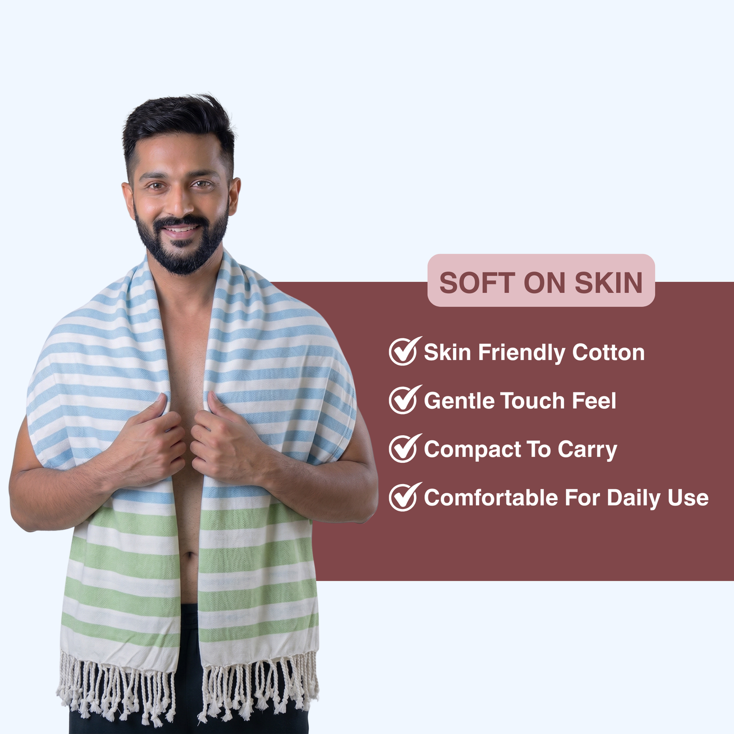 Premium Cotton Bath Towel 150 x 75 cm | Pack of 1 (Sky Blue & Green Stripes)