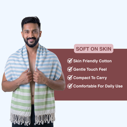 Premium Cotton Bath Towel 150 x 75 cm | Pack of 1 (Sky Blue & Green Stripes)