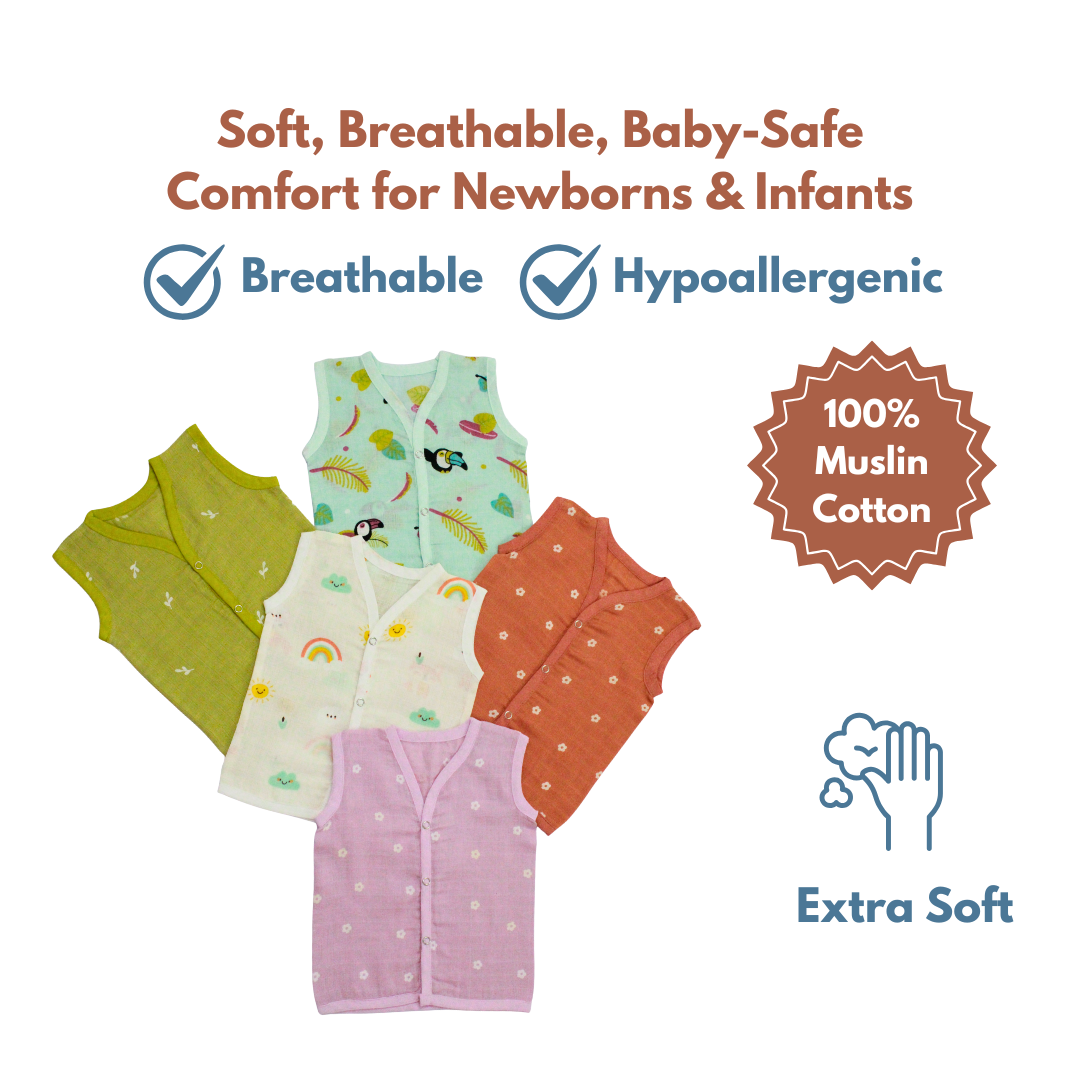 100% Cotton Muslin Button Jabla for Newborns & Infants | Pack of 5