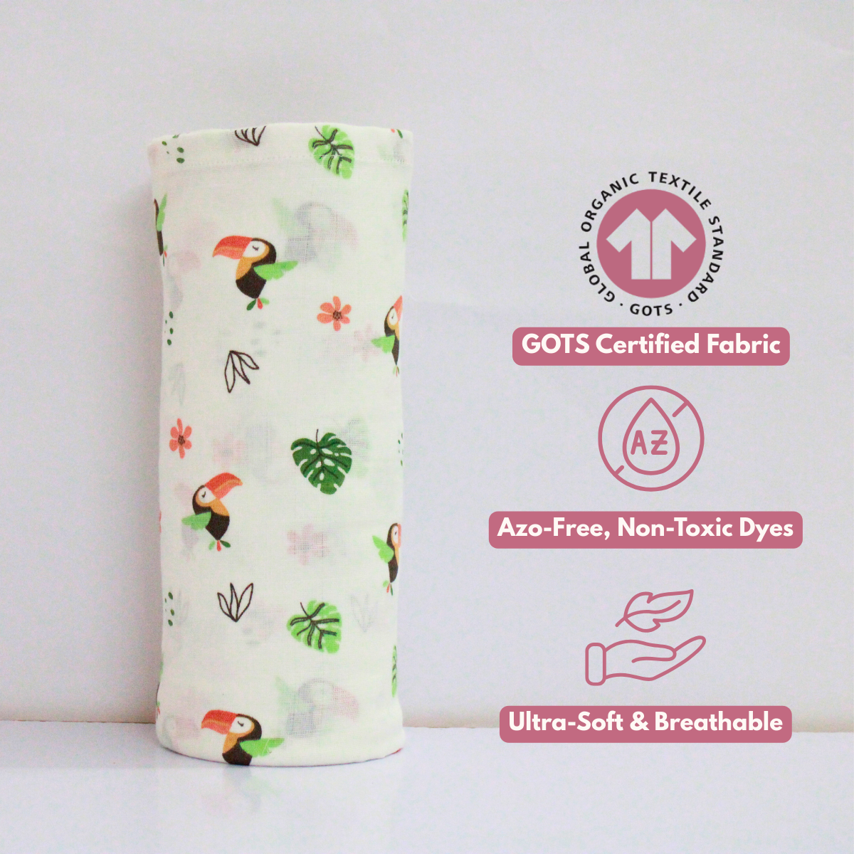 Bird & Mushroom 100% GOTS Certified | Double Layer Muslin Swaddle (75 x 75 cm, Pack of 2)