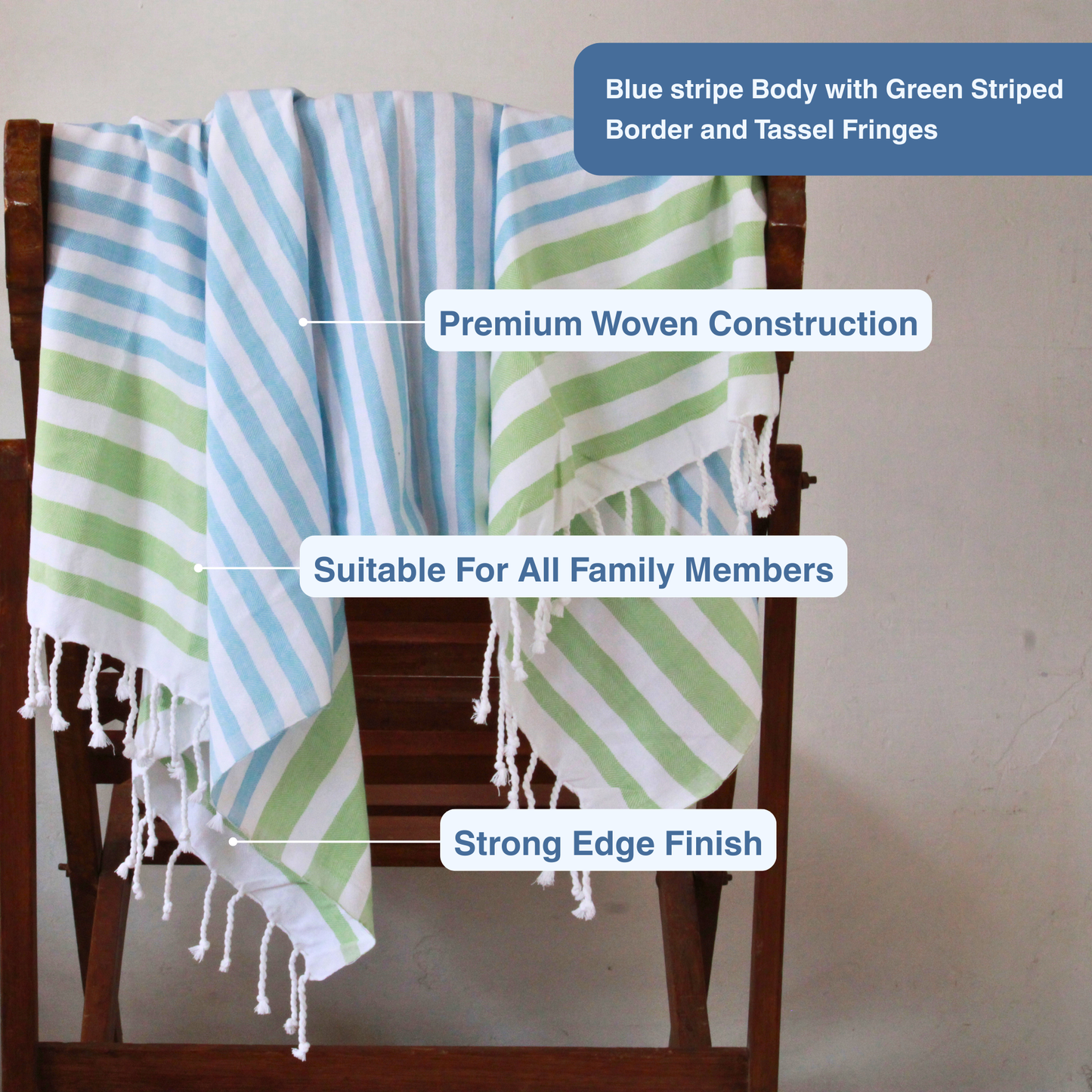 Premium Cotton Bath Towel 150 x 75 cm | Pack of 1 (Sky Blue & Green Stripes)