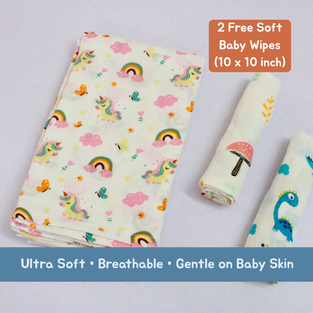 Rainbow  Baby Muslin Towel Set (120 x 100 cm) + 2 Free Wipes (10x10 inch)