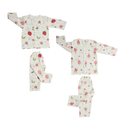 Organic Muslin Sleepsuit | Full Sleeve Top & Pant (Pack of 2, Fun icecream & Strawberry)