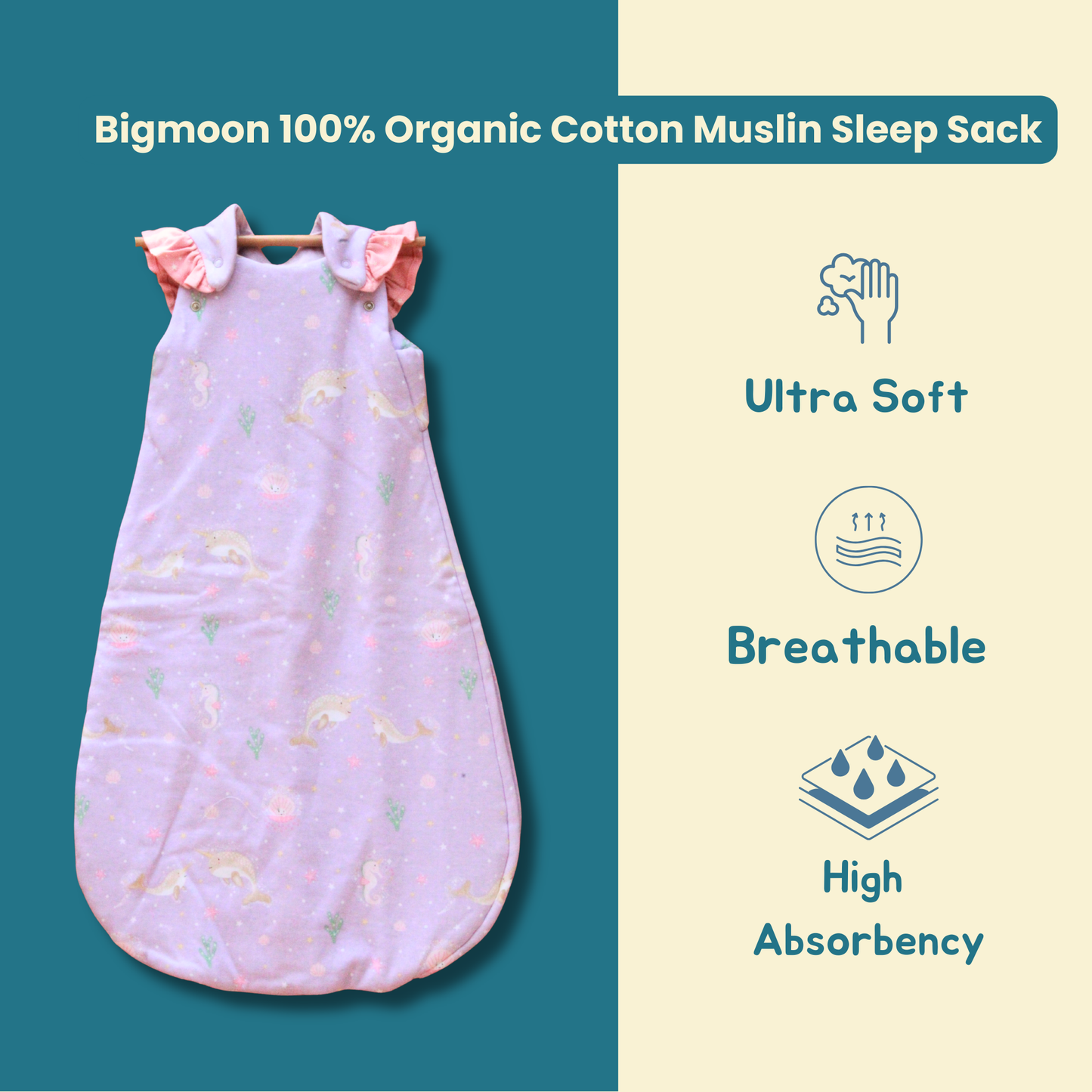 Organic Cotton Baby Sleep Sack 1.5 TOG, Pack of 1 – Lavender Narwhal