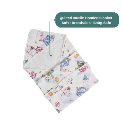 Circus Fun Print – Muslin Quilted Hooded Blanket with Belt | 85 x 85 cm | Pack of 1
