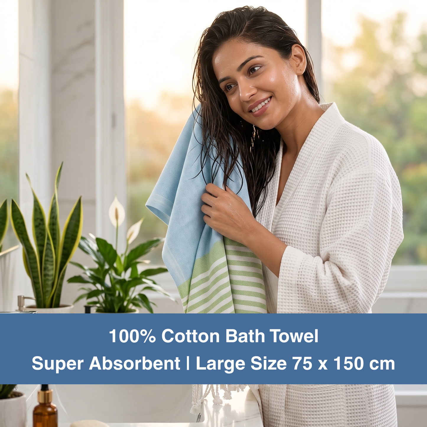 Premium Cotton Bath Towel 150 x 75 cm | Pack of 1 (Sky Blue with Green Striped Border)