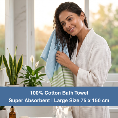Premium Cotton Bath Towel 150 x 75 cm | Pack of 1 (Sky Blue with Green Striped Border)