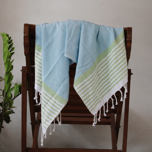 Premium Cotton Bath Towel 150 x 75 cm | Pack of 1 (Sky Blue with Green Striped Border)