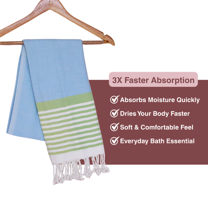 Premium Cotton Bath Towel 150 x 75 cm | Pack of 1 (Sky Blue with Green Striped Border)