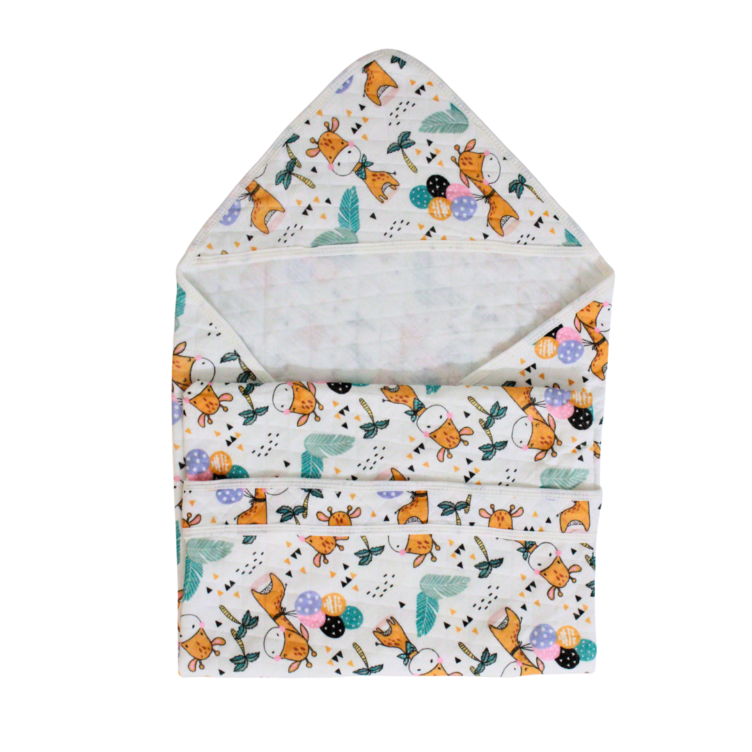 Safari Giraffe Print – Muslin Quilted Hooded Blanket with Belt | 85 x 85 cm | Pack of 1