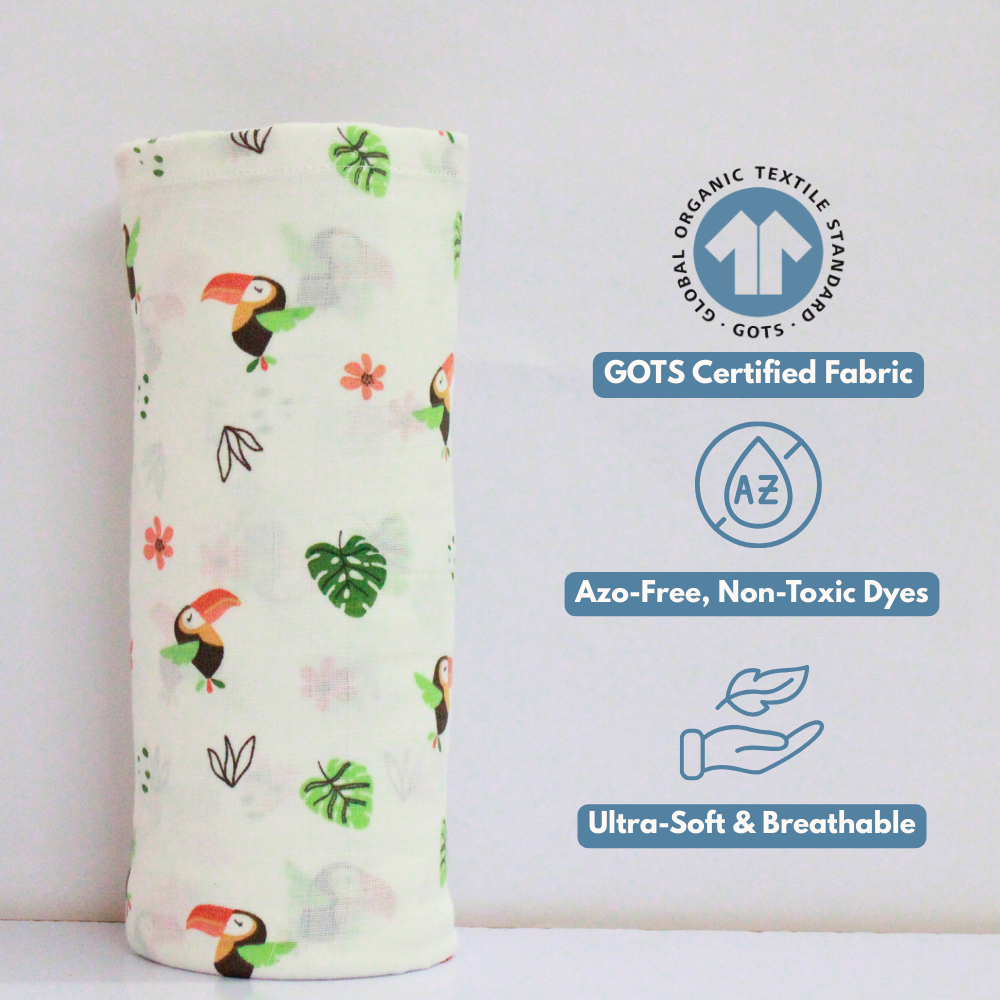 Tropical Toucan Tales 100% GOTS Certified | Double Layer | Muslin Swaddle (75 × 75 cm,Pack of 1)