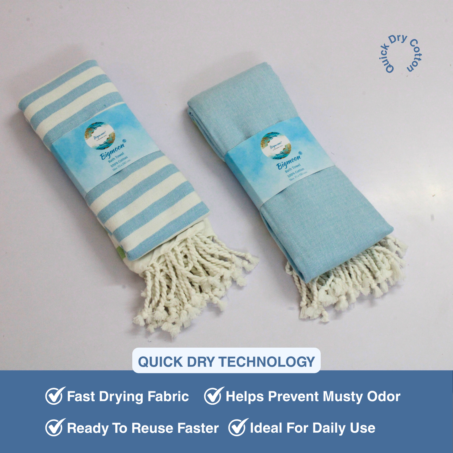Premium Cotton Bath Towel 150 x 75 cm | Pack of 1 (Sky Blue with Green Striped Border)