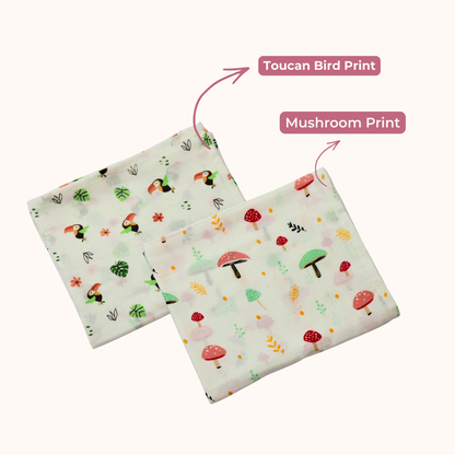 Bird & Mushroom 100% GOTS Certified | Double Layer Muslin Swaddle (75 x 75 cm, Pack of 2)