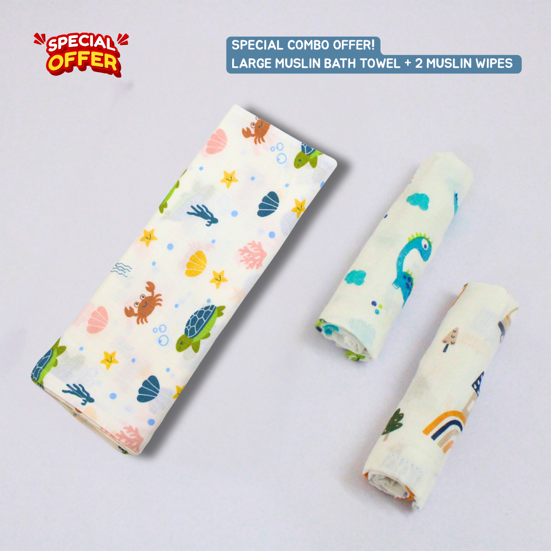 Ocean Friends Baby Muslin Towel Set (145 x 70 cm) + 2 Wipes (10x10 inch)