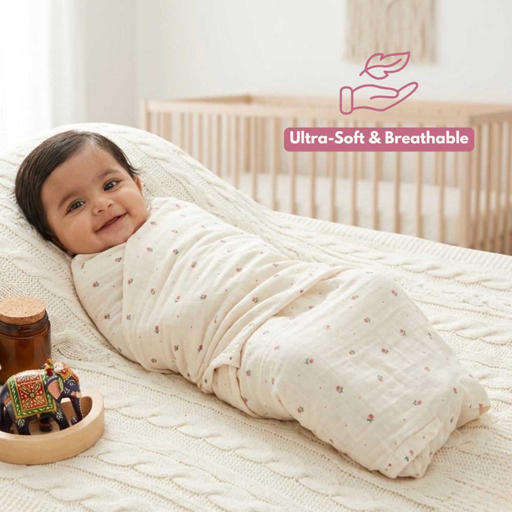 Delicate Pink Rosebud Muslin Swaddle Blanket | 120 x 100 cm , Pack of 1