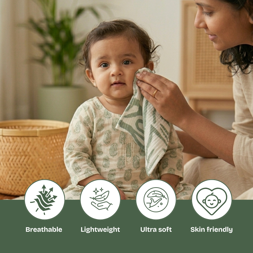 100% Muslin green leaf 4 Layer Crinkled Baby Wipes 10x10 Inch - Pack of 5
