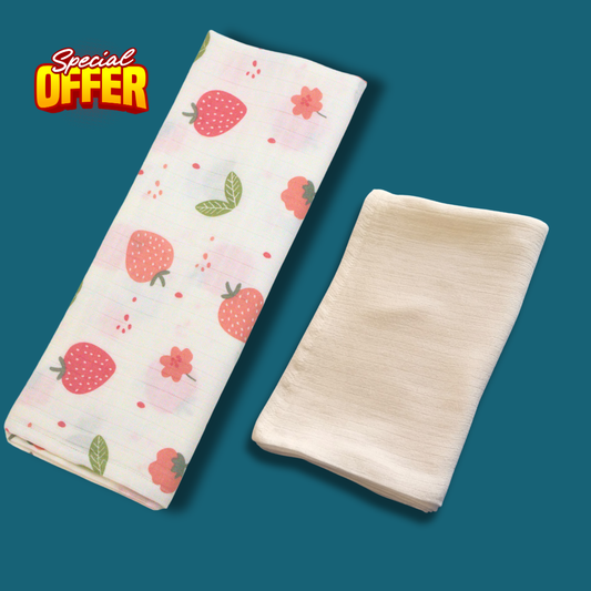 Sweet Strawberry Baby Printed & Solid Muslin Bath Towel Combo