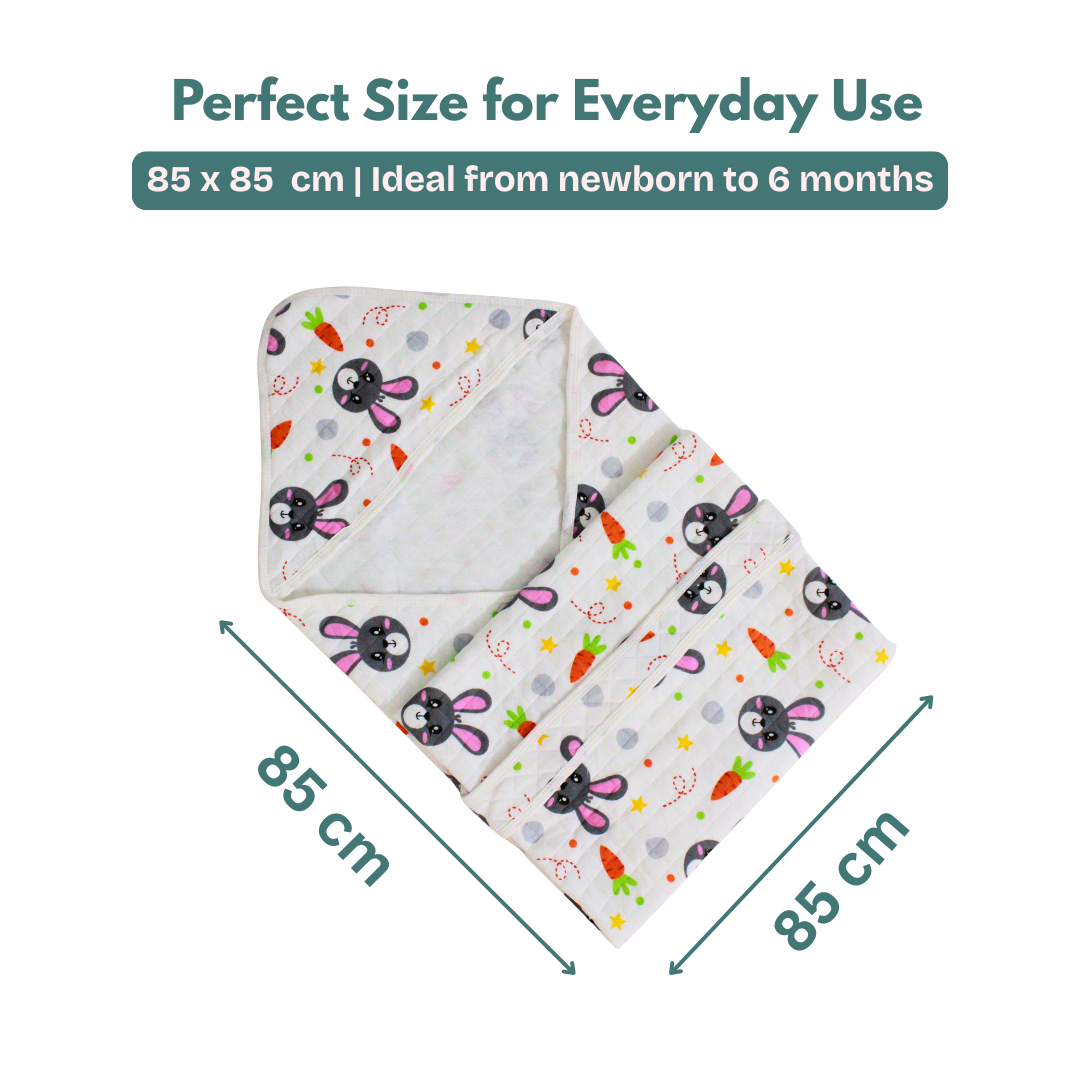 Bunny & Carrot Print – Muslin Quilted Hooded Blanket with Belt | 85 x 85 cm | Pack of 1