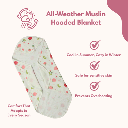 Muslin Hooded Blanket for Newborn Baby (strawberry print, 75 x 75 cm, pack of 1)