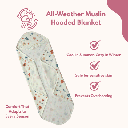 Muslin Hooded Blanket for Newborn Baby (floral print, 75 x 75 cm, pack of 1)