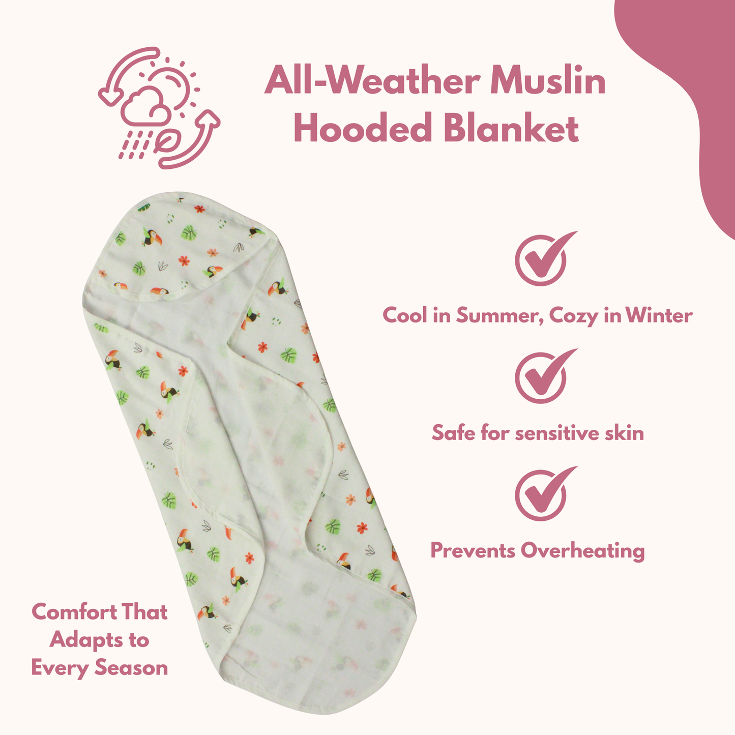 Muslin Hooded Blanket for Newborn Baby (Bird print, 75 x 75 cm, pack of 1)