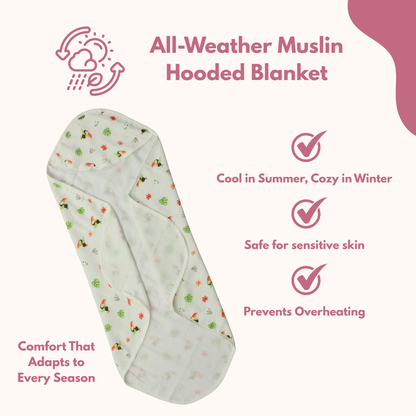 Muslin Hooded Blanket for Newborn Baby (Bird print, 75 x 75 cm, pack of 1)