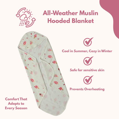 Muslin Hooded Blanket for Newborn Baby (ice cream print, 75 x 75 cm, pack of 1)