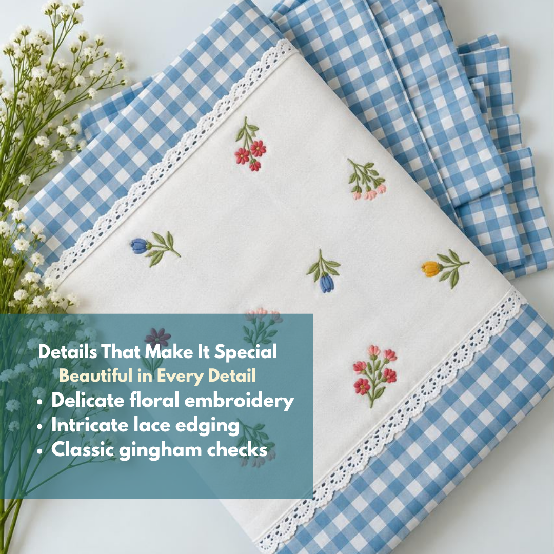 Sky Blue Pure Cotton Floral Embroidered Bedspread with Lace Border – 108 × 108 Inches