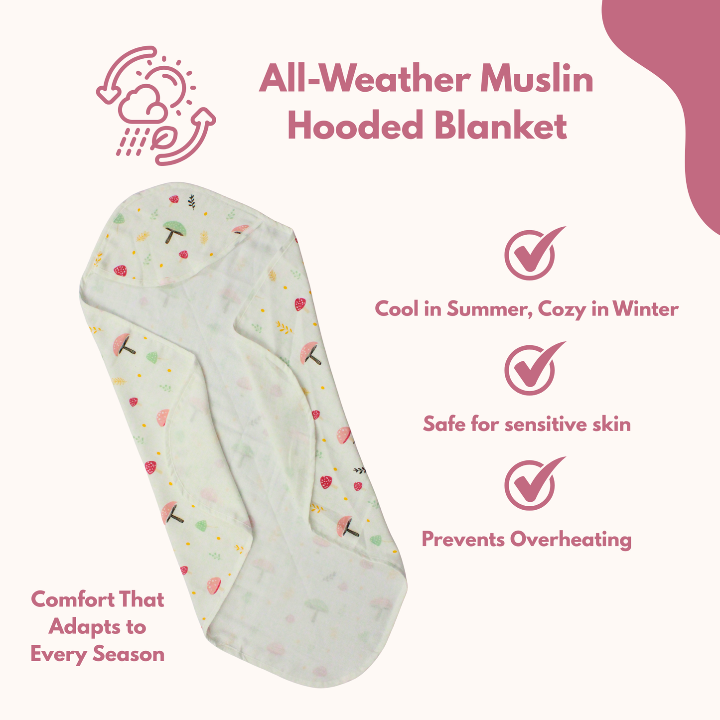 Muslin Hooded Blanket for Newborn Baby (Mushroom print, 75 x 75 cm, pack of 1)